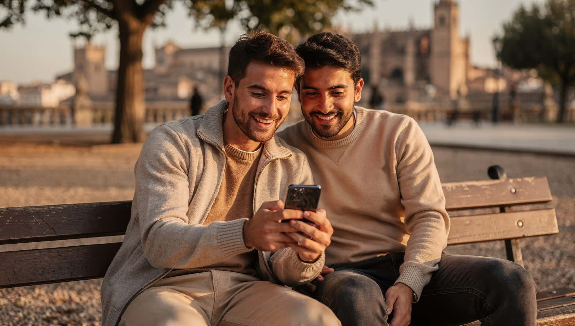 Dos amigos sentados en un banco miran juntos la pantalla de un móvil