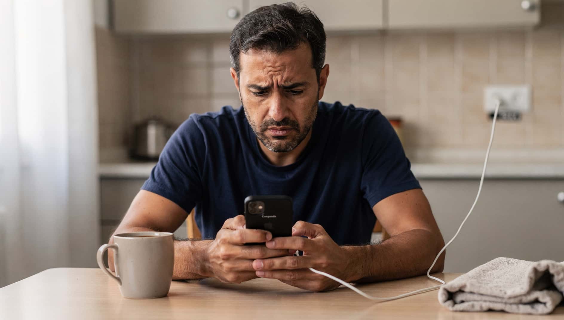 Hombre mirando su móvil apagado mientras lo carga en la cocina