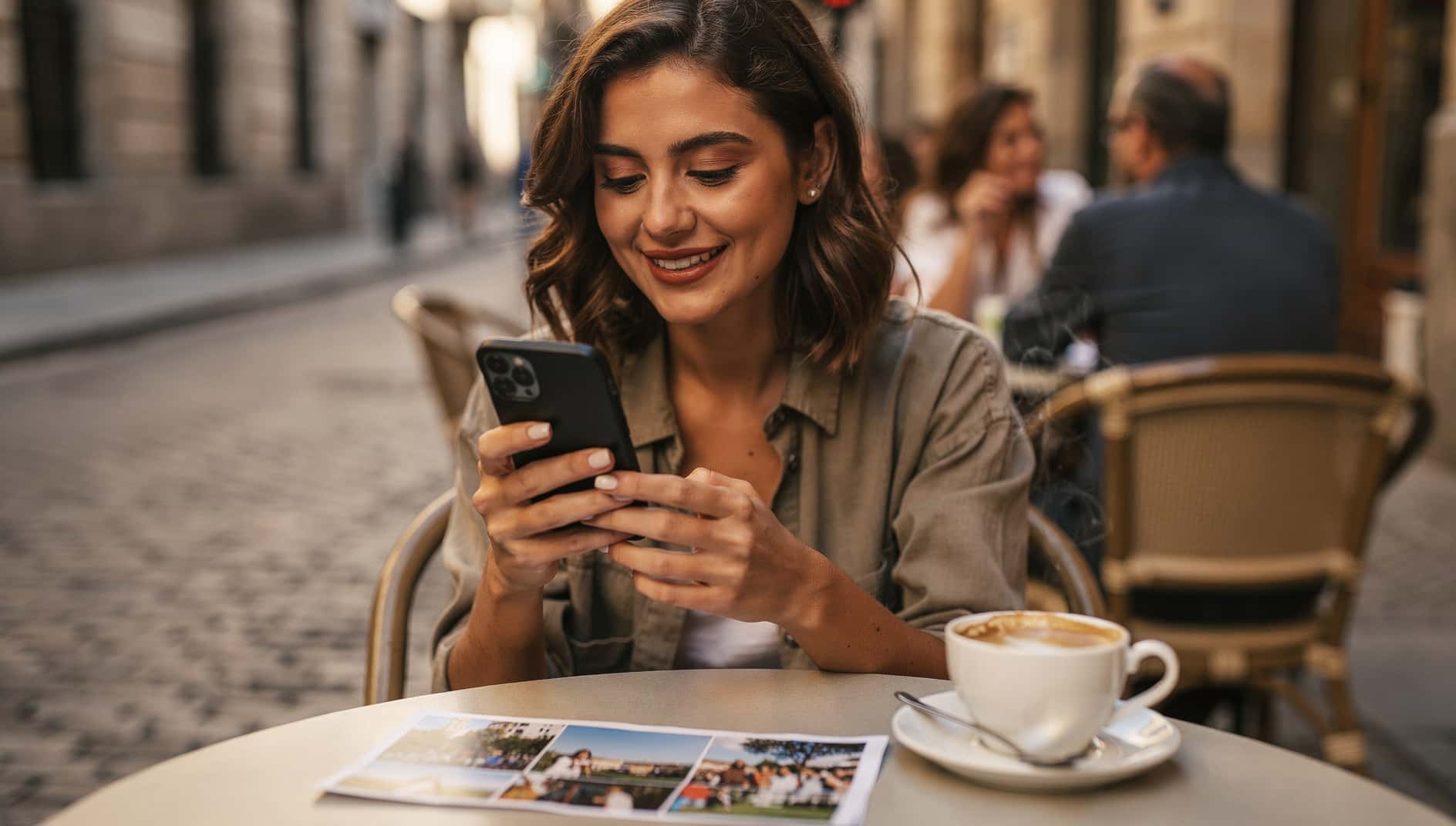 Mujer en una terraza mirando el móvil mientras edita una foto de sus vacaciones