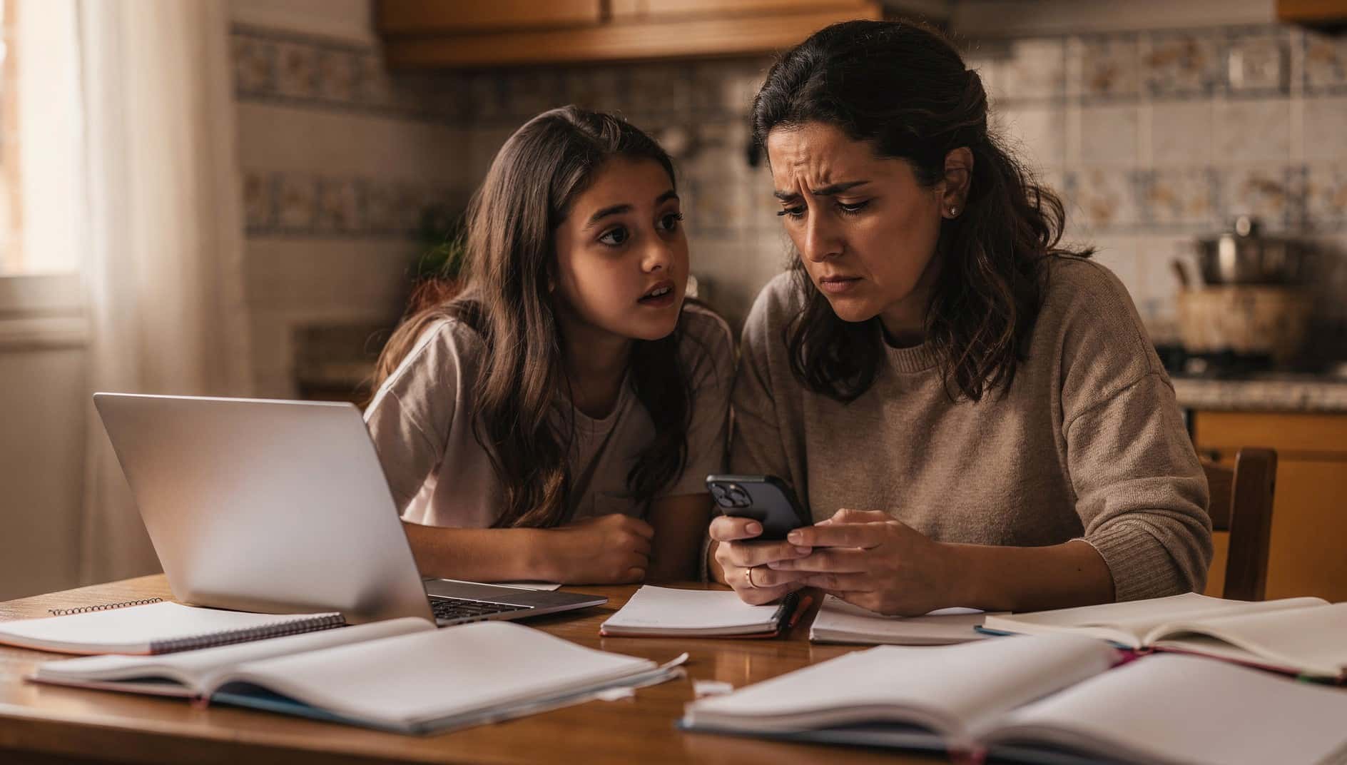 Madre e hija en la cocina con un portátil y el móvil, entre cuadernos del colegio