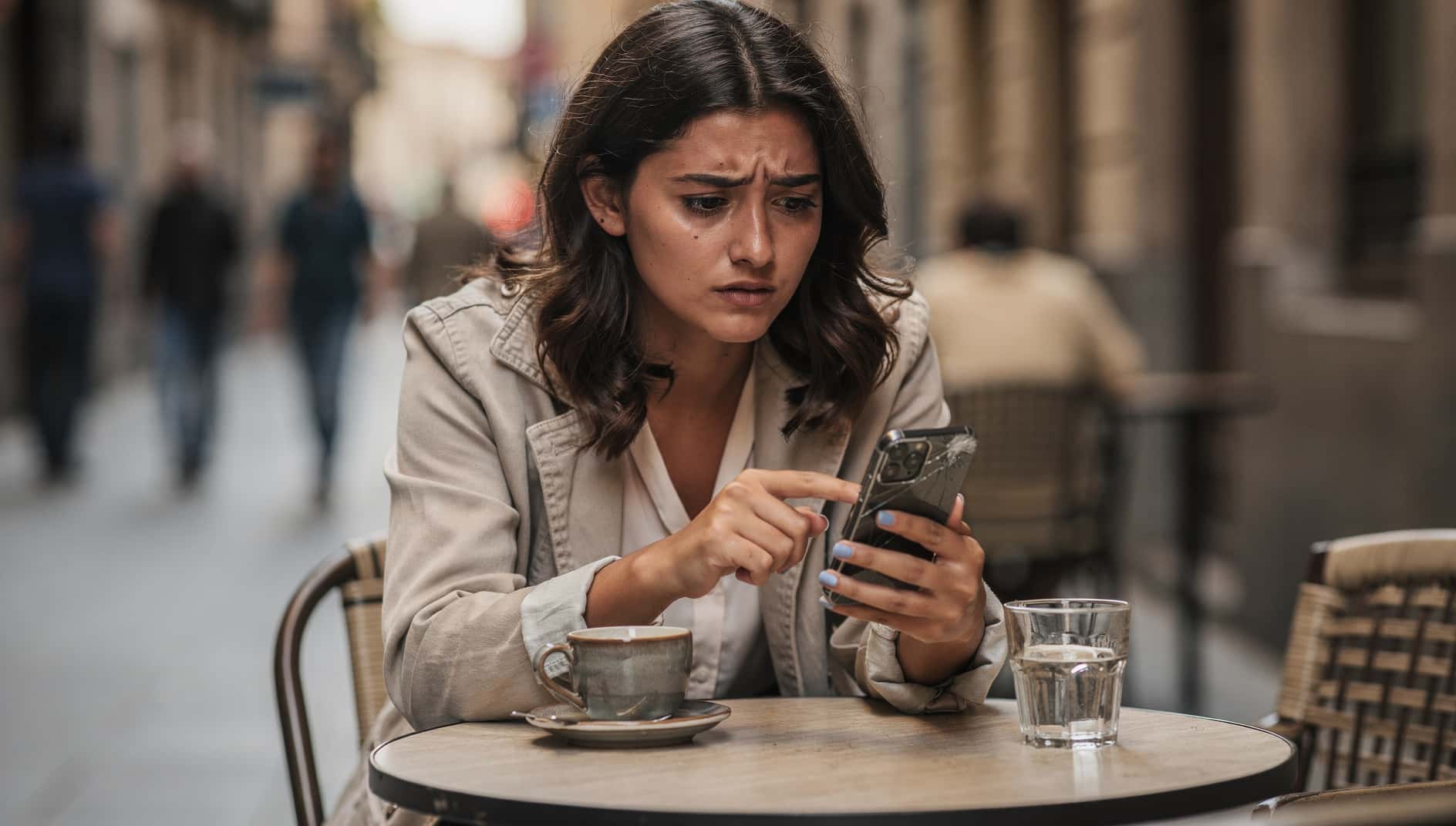 Mujer tocando la pantalla de su móvil, que no responde, en una cafetería