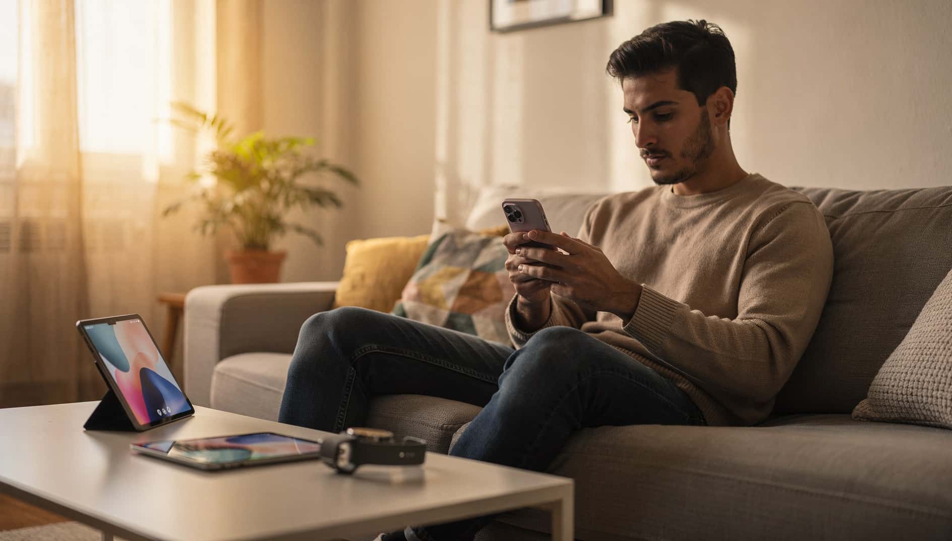 Joven con un móvil Android en el sofá, con una tablet y un reloj inteligente en la mesa