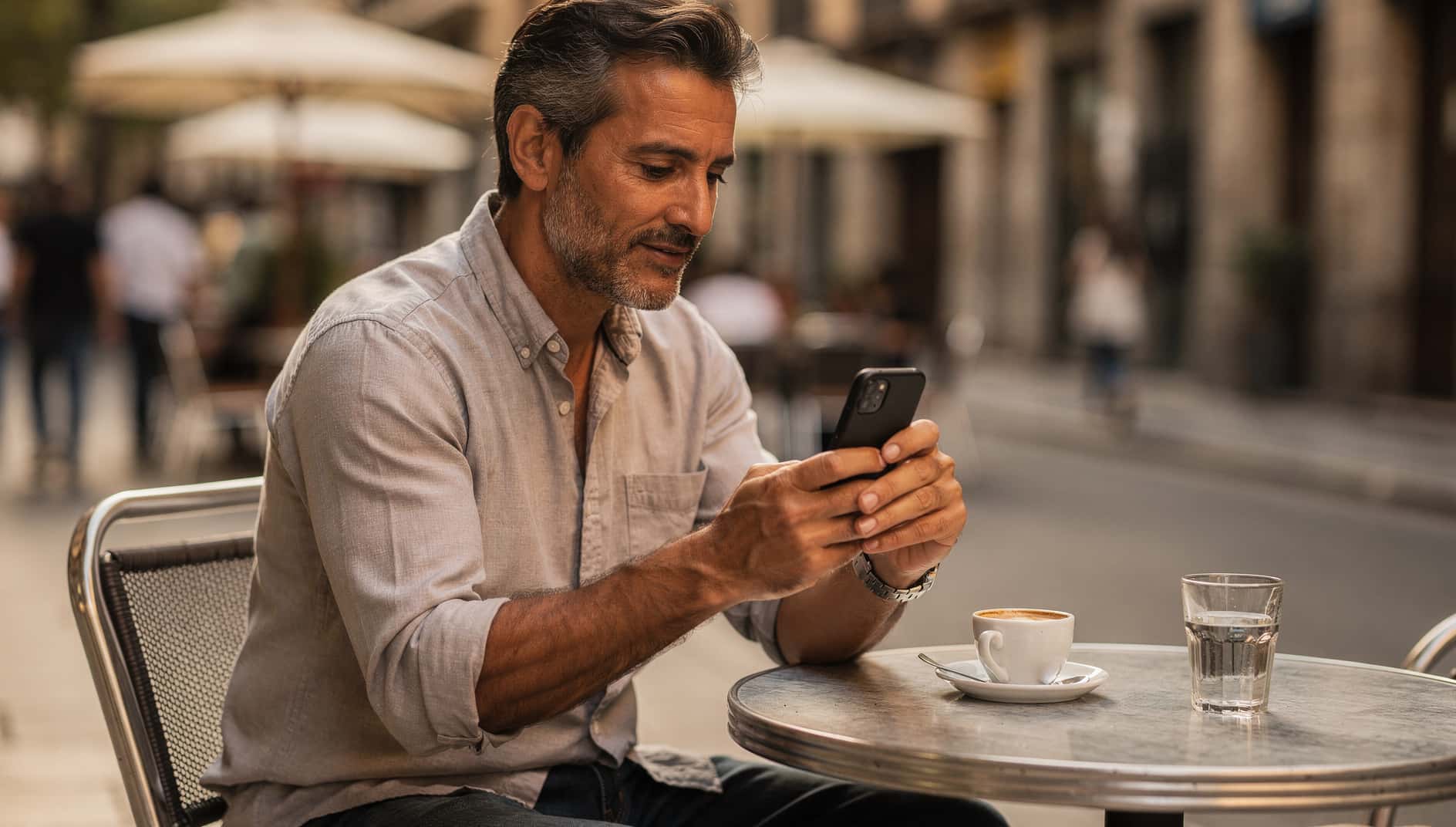 Hombre en una terraza mirando su móvil mientras revisa los ajustes de un chat