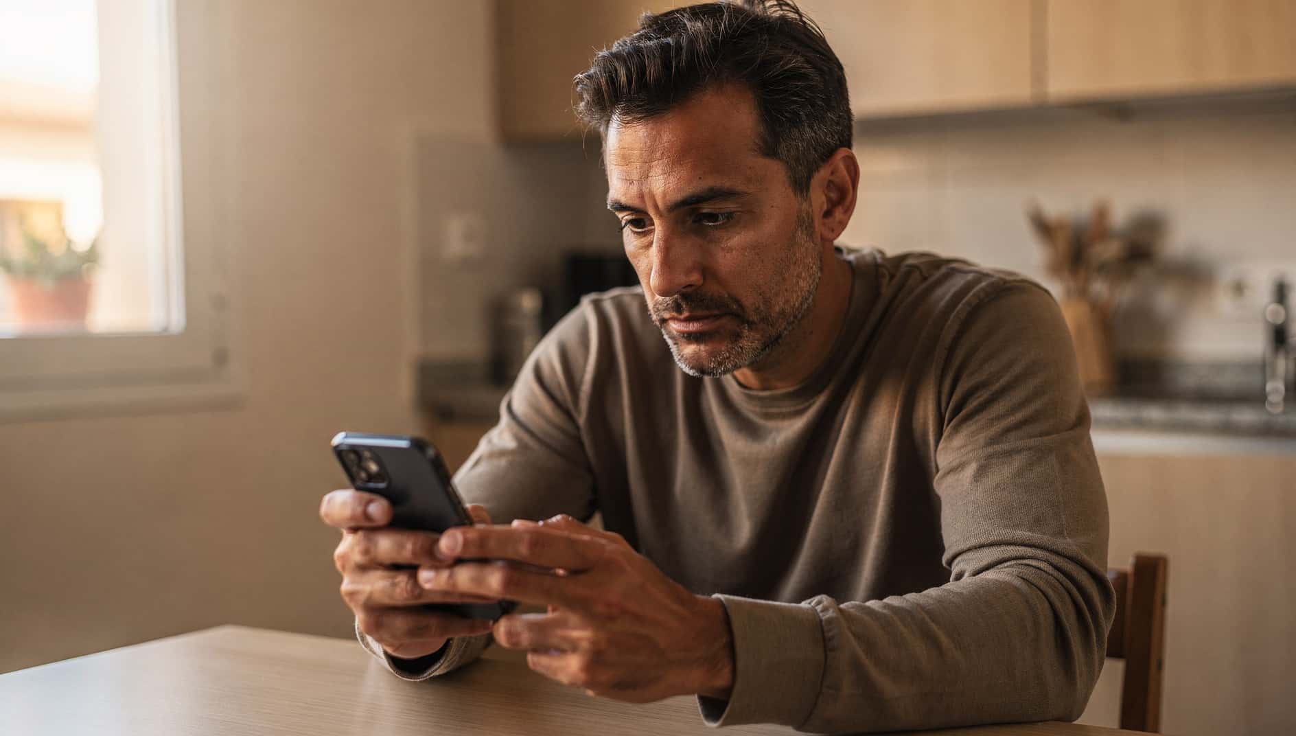 Hombre pulsando los botones laterales de su móvil Android para reiniciarlo