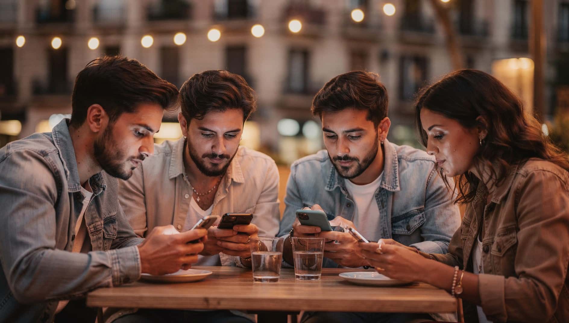 Cuatro amigos en una terraza de noche, cada uno mirando su móvil