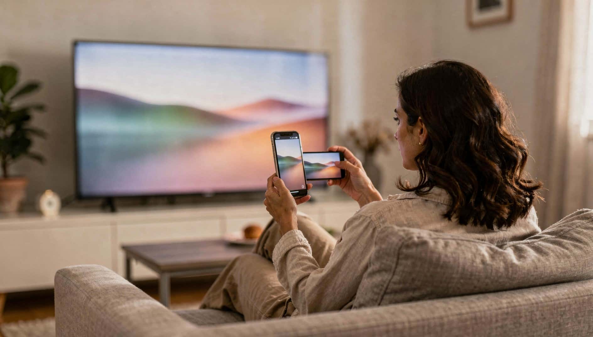 Mujer envía una foto desde el móvil a la televisión del salón