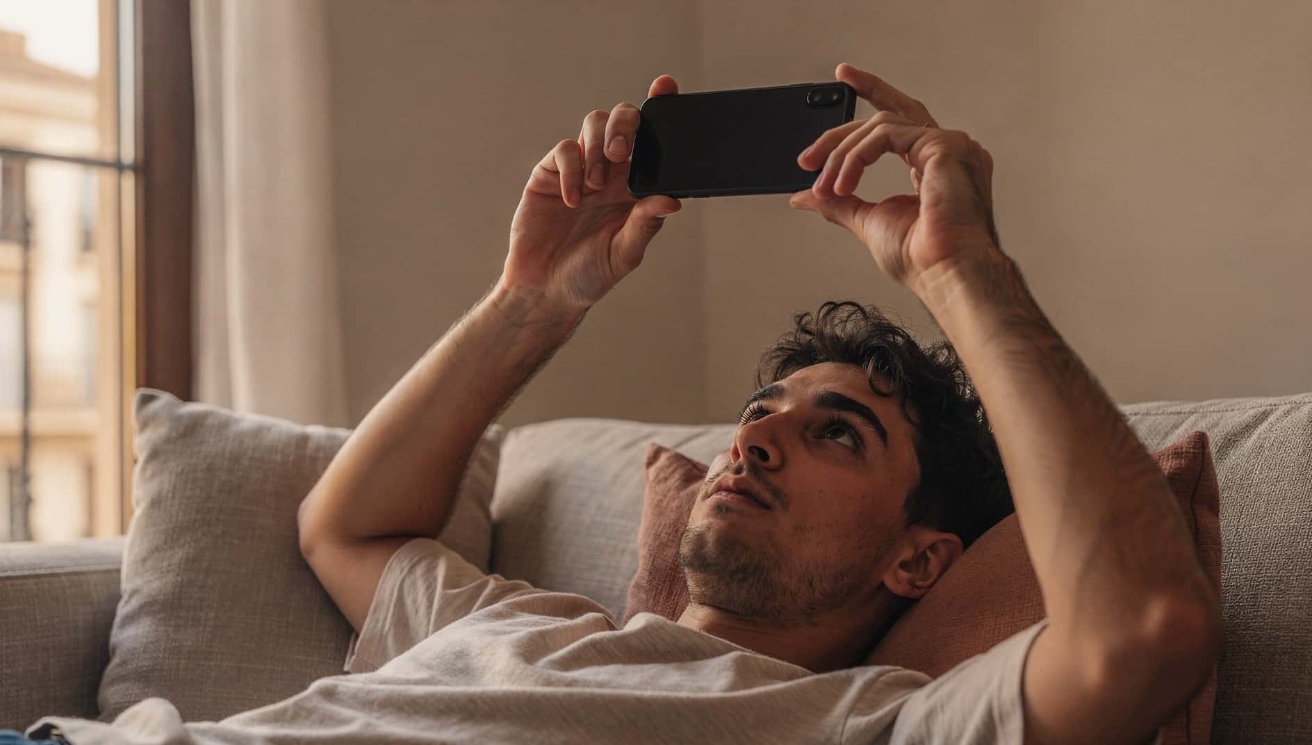 Joven tumbado en el sofá mirando el móvil