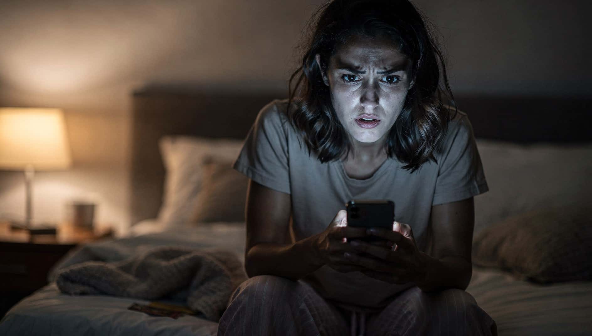 Mujer sentada en la cama de noche mira su móvil preocupada