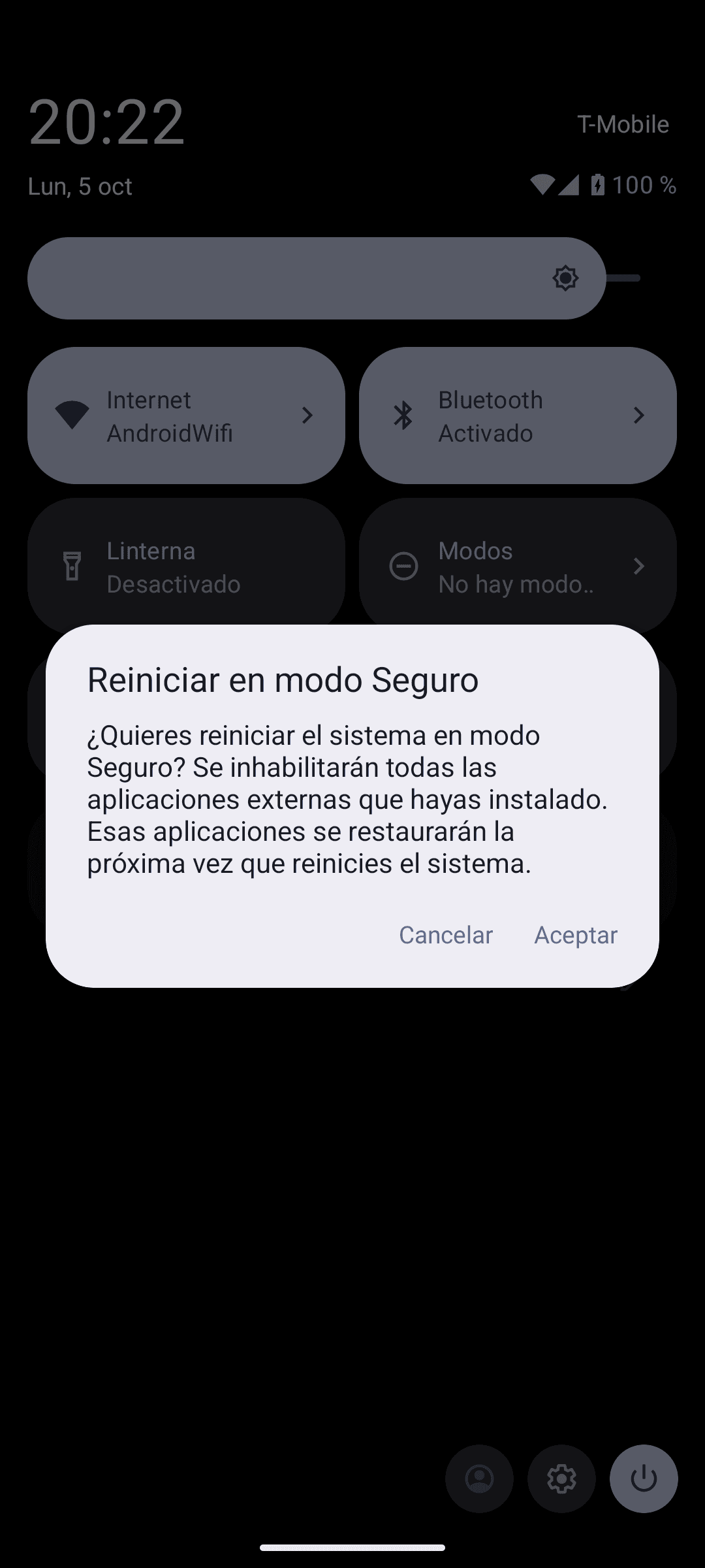 Aviso Reiniciar en modo Seguro con los botones Cancelar y Aceptar