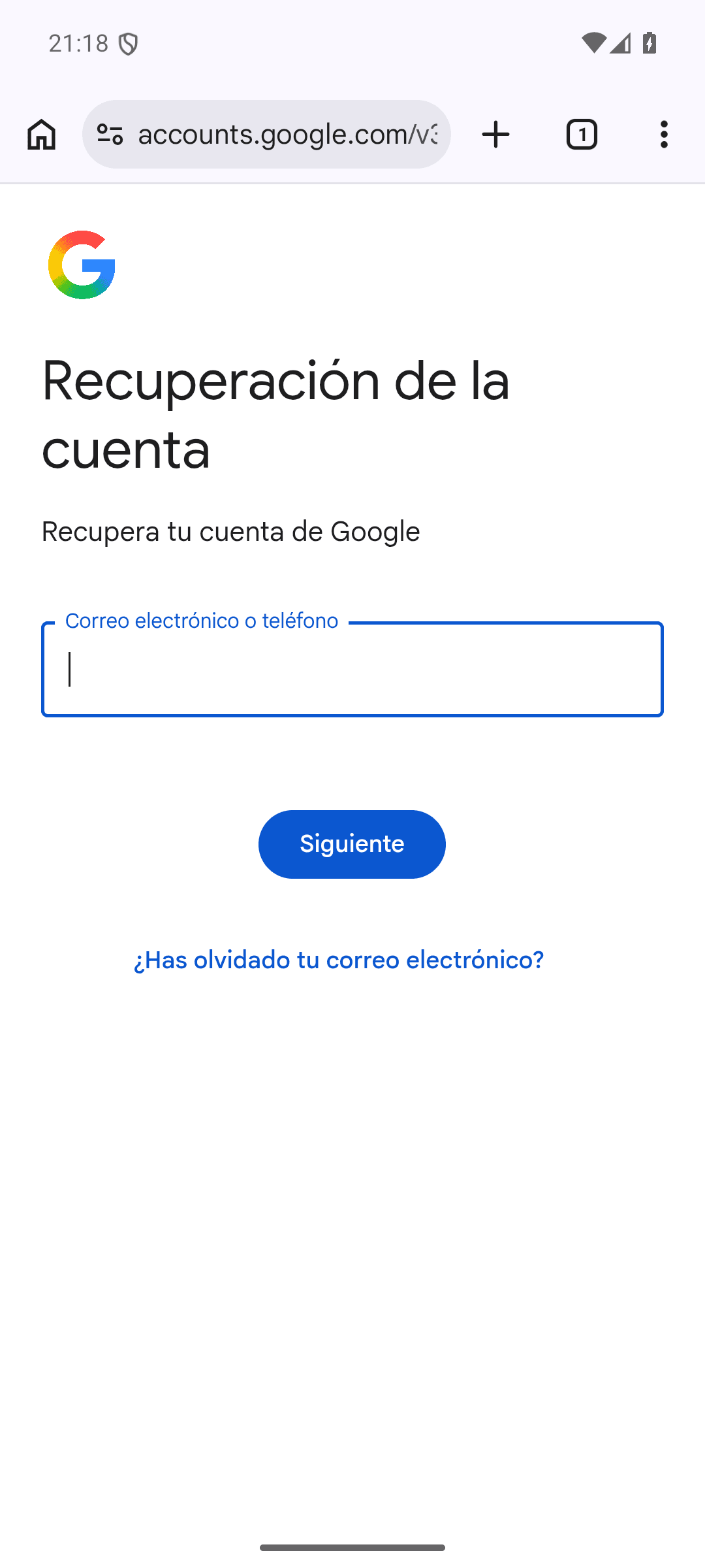 Página «Recuperación de la cuenta» de Google en Chrome con la casilla «Correo electrónico o teléfono» y el botón «Siguiente»