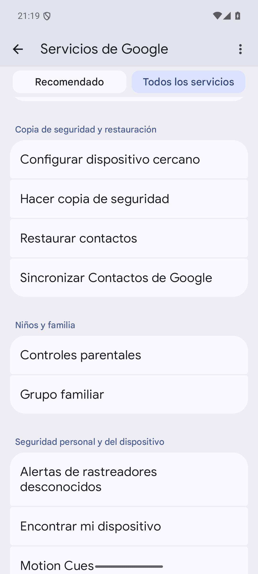 Servicios de Google en Ajustes con el apartado Copia de seguridad y restauración y la opción Hacer copia de seguridad
