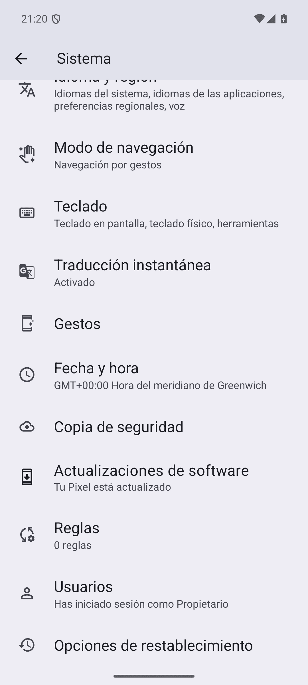 Menú Sistema de Ajustes con Copia de seguridad y, al final, Opciones de restablecimiento