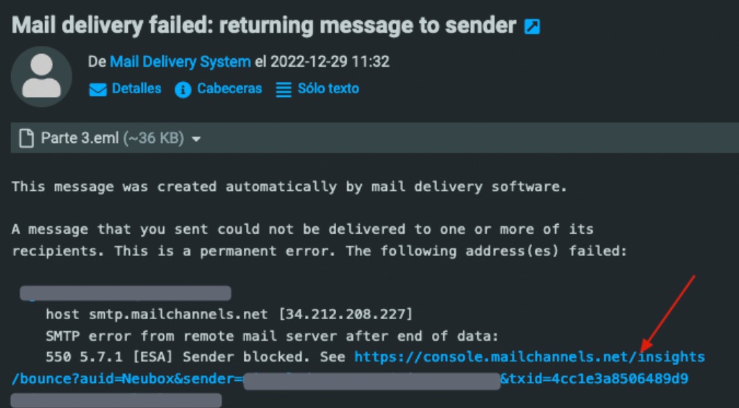 Solución "Mail delivery failed returning message to sender"